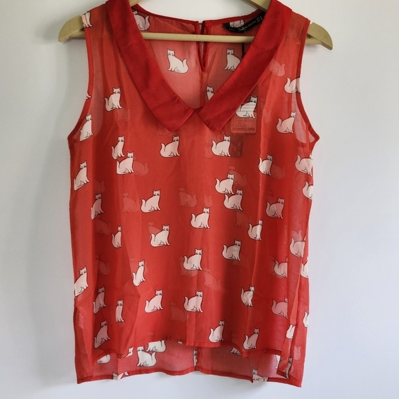 Zara Trafaluc Collection Sheer Red Cat Print Sleeveless Top Size Medium - Picture 1 of 14
